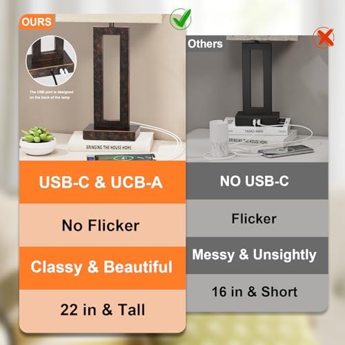 Seealle 22" Tall Living Room Lamps for Night Stands - Touch Bedside Lamp with USB C+A, 3 Way Dimmable Bedroom Lamps for End Tables Set of 2, Modern Night Stand Lamp for Bed Side(Beige&Brown)