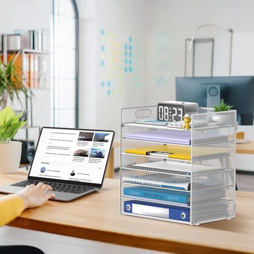 7 Tier Paper Organizer for Desk with Letter Trays & Handle White
