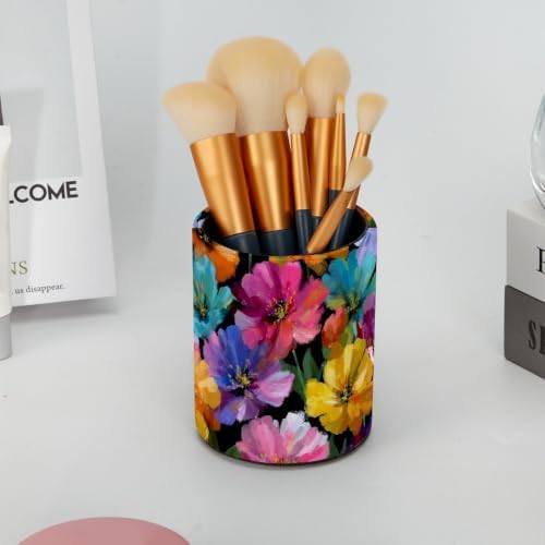 Leather Pen Holder for Desk, Oil Painting Flower Pencil Cup Pen Organizer Makeup Brush Holder for Office Home Kids Countertop Desk Accessory Storage