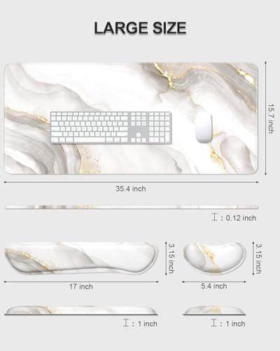 Auhoahsil Large Mouse Pad with Wrist Rests for Keyboard & Mouse, Thick Soft Ergonomic Memory Foam Wrist Supports, Big & Long Desk Mat 35.5 x 15.7 in, for Office Gaming Computer, White Gold Marble