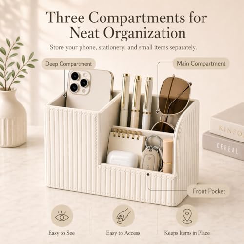 KINGFOM Desk Pen Organizer Office Supplies Caddy Pu Leather Multi-function Storage Box Pen/Pencil,Cell phone, Business Name Cards Remote Control Holder (Ivory White)
