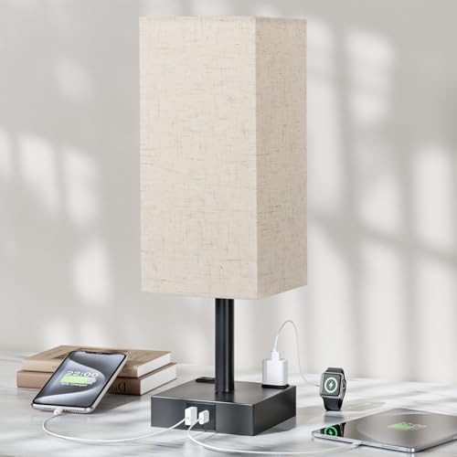 Beige Touch Table Lamp for Bedroom - Dimmable, USB C+A, 2 AC Outlets