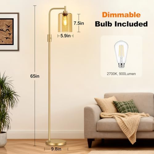 【Upgraded】 Dimmable Floor Lamp for Living Room with Amber Glass Lampshade, Gold Modern Glass Floor Lamp with 900LM LED Bulb Included, Arc Standing Tall Lamp for Bedroom, Office, Reading Room, Corner