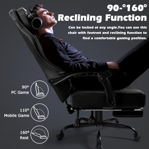 PUKAMI Gaming Chair with Footrest,Ergonomic Gamer Chair for Adults, Racing Style Reclining Computer Game Chair with Headrest and Lumbar Support (Black)