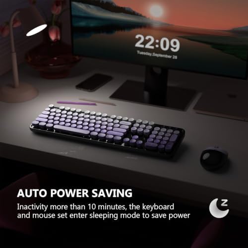 MOFII Wireless Keyboard and Mouse Combo, 2.4 GHz Full-Size Retro Round Keyboard and Mouse, Plug and Play, 8 Multimedia & Shortcut Keys for Mac, Windows, Laptop/Desktop/PC - Black Purple Gradient