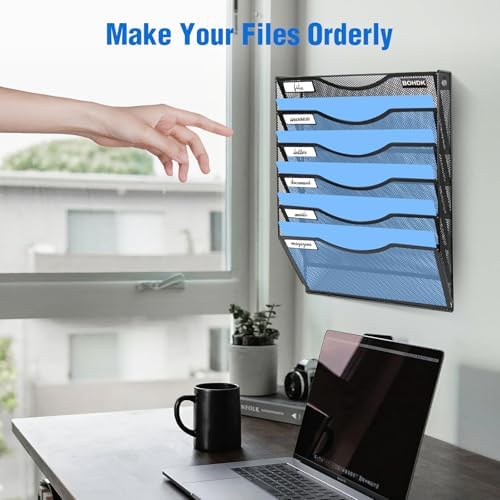 BOHDK Wall File Organizer, 6 Tier Hanging File Folder Mail Organizer, Vertical Mesh Metal Wall Mount Hanging File Holder, Paper Document Magazine Rack for Home Office Black