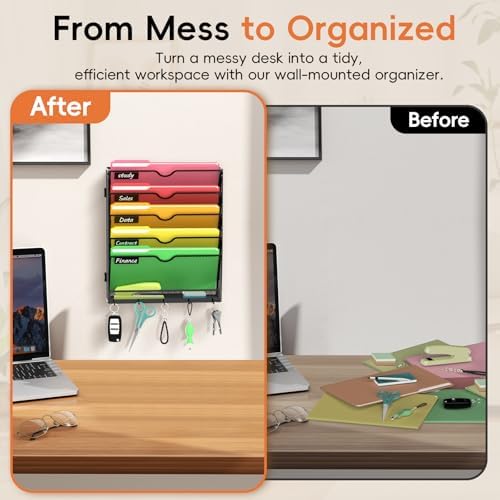 6-Tier Wall File Organizer with Hook, Hanging File Organizer Black