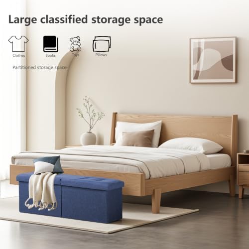 AmasSmile Footrest Ottoman Storage Bench, 34" Linen Folding Chest, Blue