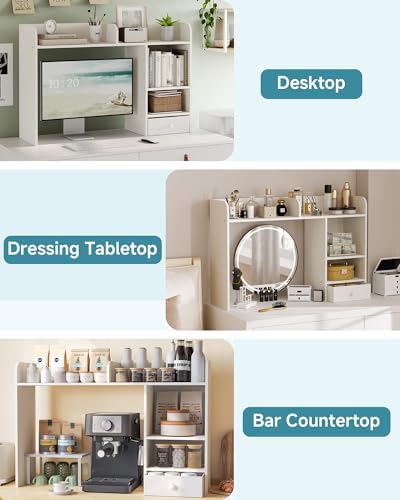 LAND·VOI Desktop Bookshelf with Drawer, Desk Hutch with 4 Storage Shelves for Computer Desk, Desk Shelf for Home Office Dorm, Dressing Tabletop, Bar Countertop, White