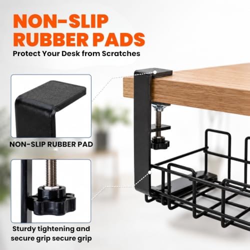 Under Desk Cable Management Tray 2 Pack, No Drill, Clamp Mount, Black