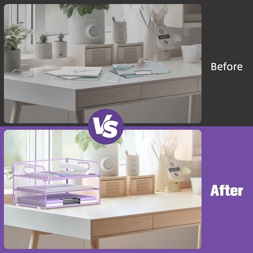 DALTACK 3 Tier Paper Organizer for Desk, Sliding Paper Trays, Purple