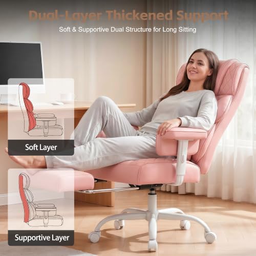 Vonesse Office Chair, Desk Chair with Soft Adjustable Armrests, Executive Computer Chairs with Lumbar Support, High Back Gaming Chair with Footrest (PU Leather, Pink)