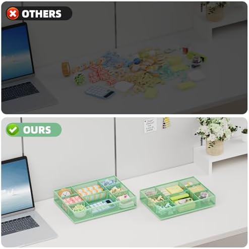 Marbrasse 2 Pack Desk Drawer Organizer, Mesh Drawer Organizer Tray with 8 Adjustable Compartments, Desk Organizers and Accessories, 5 Dividers Drawer for Office Supplies, Makeup & Vanity (Green)