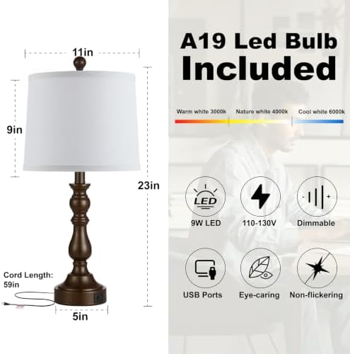 Brown Table Lamps Set of 2, Brown Lamps for Bedroom, USB C+A Ports