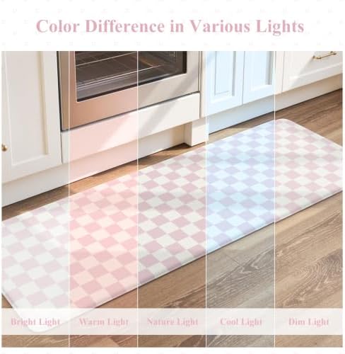 KIMODE Kitchen Anti Fatigue Mats, Light Pink Checkered Home Decor Carpet