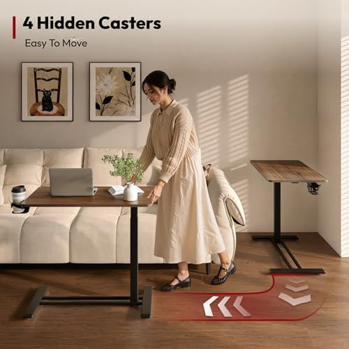 SANODESK 28''Pneumatic Adjustable Overbed Bedside Table with Hidden Casters