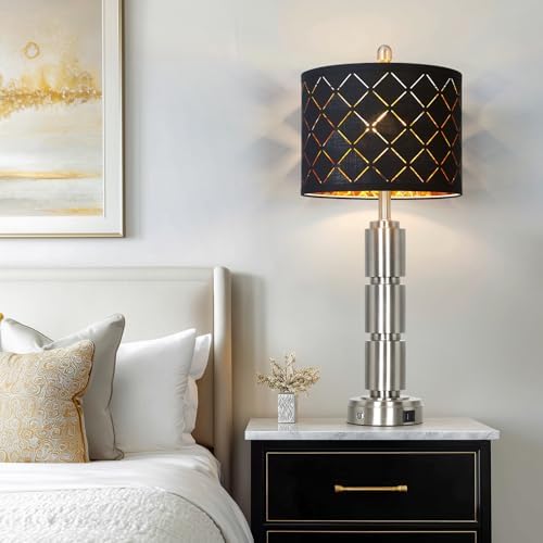 Set of 2 Modern Table Lamps for Living Room Bedroom,29" Tall Bedside Lamp with 2 USB Port,Silver Metal Touch Nightstand Lamp for Desk End Side Table Entryway,Silver