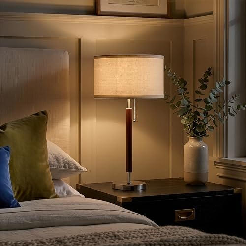 Brightech Carter LED Bedside Lamp - Compact Table & Desk Reading Lamp for Bedroom, Living Room, Office - Modern Nightstand & Side Lamp with Soft Ambient Light - Stainless Steel & Wood Finish