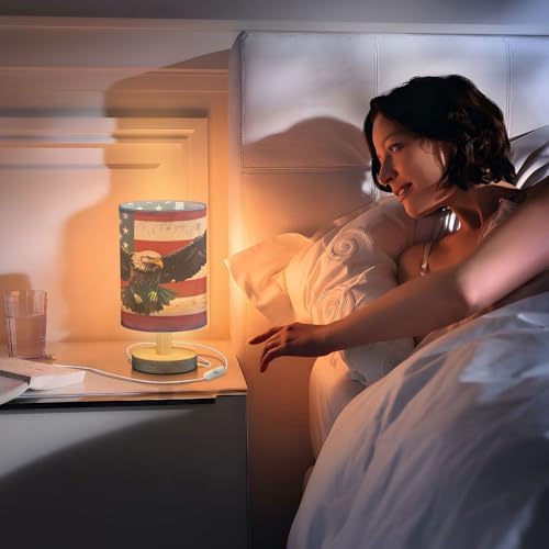 Bedside Lamp American Flag Eagle Table Lamp for Bedroom LED Nightstand Lamp Shade USB Ports Wood Base for Living Room Dorm Office