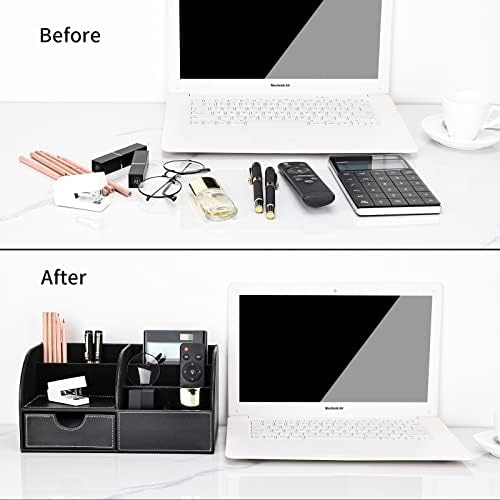 KINGFOM Pu Leather Desk Organizer Pen Pencil Holder Office Supplies Caddy Storage Box 6 Compartments with Drawer Black