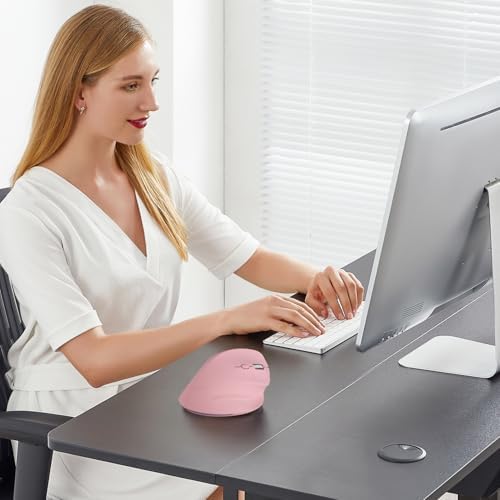 Wireless Ergonomic Mouse, Bluetooth and 2.4GHz USB-A Wireless Vertical Mouse, 800/1200/1600 Adjustable DPI, Quiet Clicks,6 Buttons, Compatible for Laptop/MacBook/PC/Desktop-Pink