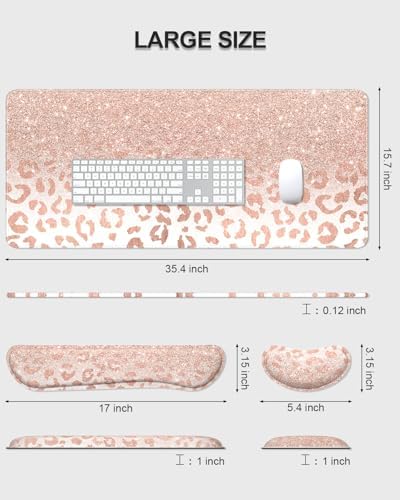 Auhoahsil Large Mouse Pad with Wrist Rests for Keyboard & Mouse, Thick Soft Ergonomic Memory Foam Wrist Supports, Big & Long Desk Mat 35.5 x 15.7 in, for Office Gaming Computer, Pink Gold Leopard