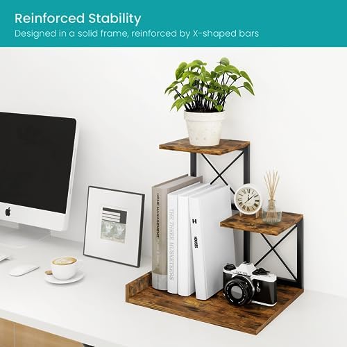 ELITEROO Desk Shelf Organizer, Wood Desktop Organizer Small Bookshelf, 3 Tier Storage Shelf Riser Display Stand for Office Decor and Desk Accessories, Rustic Brown Black