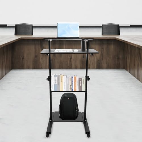 Mobile Standing Desk with Wheels, 27" 4-Tier Height Adjustable Laptop Cart 3.05-4.59ft, 88lbs Capacity Rolling Computer Station for Office Home โ Black