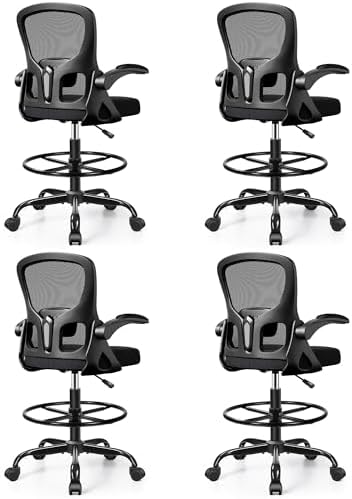 4-Pack Drafting Chair Tall Office Chair for Standing Desk - Ergonomic Computer Work Stool with Flip-up Arms, Foot Ring & Adjustable Lumbar Support. Ideal for Studio, Artist,Study (Black)