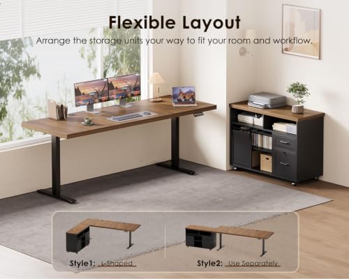 OffiGo 71 Inch Executive L-Shaped Electric Standing Desk, Walnut & Black