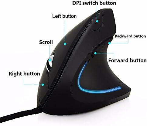 Wired Ergonomic Vertical Mouse, Adjustable DPI Optical Mice for Right Hand