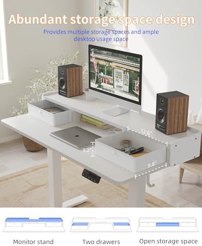 YIHAYO Electric Standing Desk with Drawers, 60 x 24 Inches Adjustable Desk with Storage Shelf, Computer Table with Splice Board for Home Office,White Frame/White Top