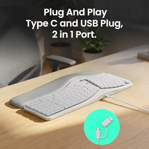 Nulea Ergonomic Split Keyboard, Wired Natural Typing Keyboard with Integrated Palm Rest for Wrist Pain Relief, 2-in-1 Type C&Type A Plug for Mac,Windows,Office & Home(White)