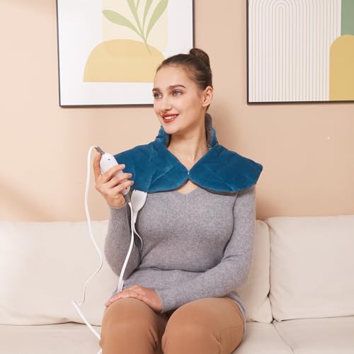Ambershine 19''x24'' Weighted Neck & Shoulder Heating Pad, 2.5lbs with 12 Temperature Settings& 4 Auto-Off Timers, Pain Relief for Neck/Shoulder/Back(Gray&Blue)