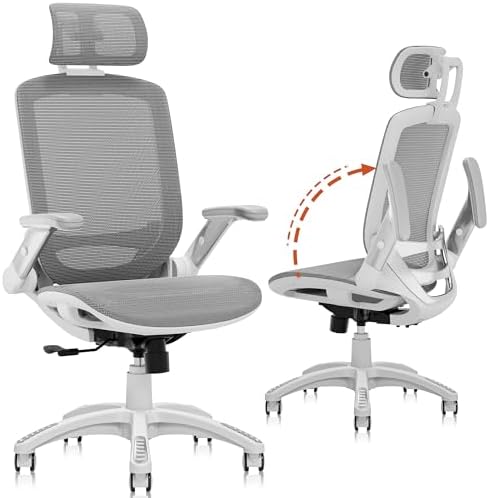 GABRYLLY Ergonomic Office Chair, High Back Home Desk Chair with 2D Flip-Up Arms, 3D Headrest, 90-120° Tilt and Wide Cushion, Big and Tall Mesh Chairs for Man Woman, Computer Task Chair Dark Grey