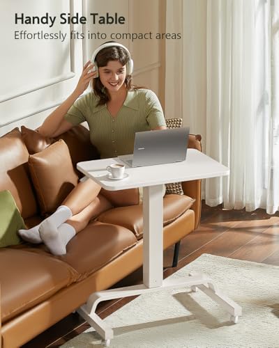 KINGSMITH Height Adjustable Mobile Standing Desk with 360° Swivel Casters, 29"-45" Pneumatic Rolling Desk on Wheels, Perfect for Home Office, Bedroom, Living Room, White