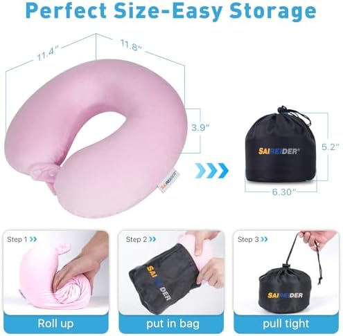 SAIREIDER Travel Neck Pillow 100% Memory Foam, Airplane Rest Prevents Head from Falling Forward, Plane Accessories with Storage Bag, Sleep Mask and Earplugs (Pink)