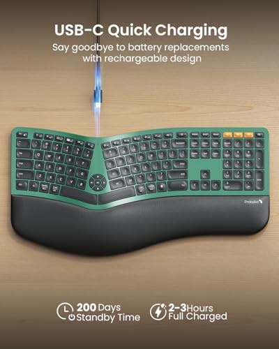 ProtoArc Backlit Wireless Full Size Ergonomic Keyboard Green and Vertical Wireless Trackball Mouse