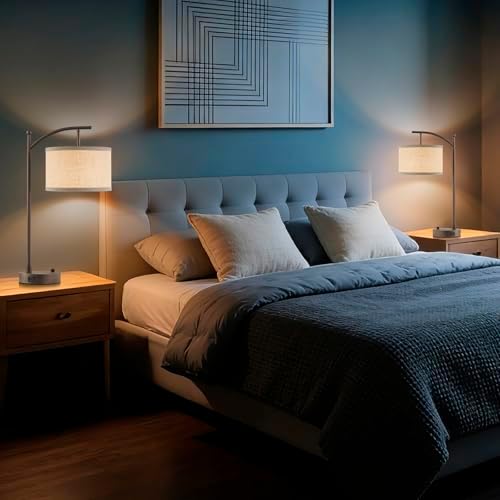 Table Lamp Set of 2, 23.5" Bedside Lamps with USB C+A Ports, Brown