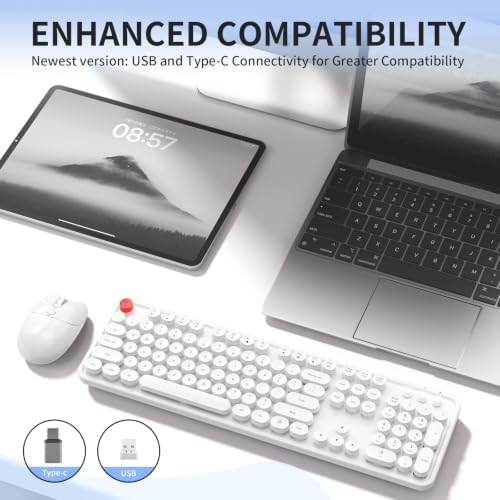 Wireless Keyboard Mouse, MOFII 104 Keys Cute Retro Typewriter White