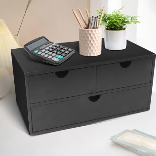 Charmewooden Bamboo Desk Organizer with 3 Drawers, Countertop Organizer with Drawers Makeup Storage Drawer 3 Drawer Tabletop Storage Organization Box Home Office Workspace(Black)