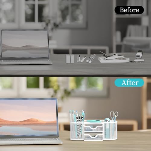 SUPEASY Mesh Desk Organizer, Pen Holder for Desk with 2 Drawers, White
