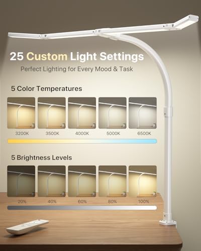 ONEMIX 42" LED Desk Lamp with Clamp, Architect Desk Light with Remote, Adjustable 4-Segment Bar, 1800LM Bright, Eye-Caring Desk Lamp for Home Office, Reading, Study, Dual Monitors, Workbench (White)