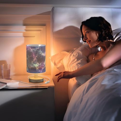 Bedside Lamp Dark Blue Purple Lightning Table Lamp for Bedroom LED Nightstand Lamp Shade USB Ports Wood Base for Living Room Dorm Office