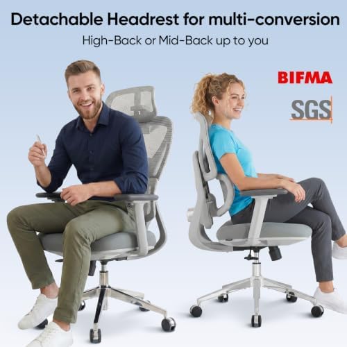 Ergonomic Mesh Office Chair, Desk Chairs with Adjustable Lumbar Support, 4D Flip-up Arms & 3D Headrest, Comfy High Back Breathable Mesh Computer Chair for Home Office, 400lbs (Grey)