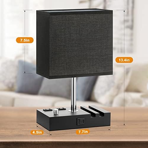 Black Bedside Table Lamps Set of 2 - Dimmable, USB C+A, 2 AC Outlets
