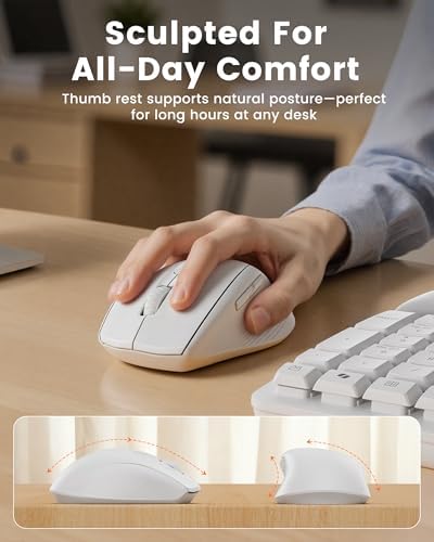 White Wireless Keyboard and Mouse Combo for MacBook & Windows, 30dB Quiet Ergonomic Keyboard Set with Wave Keys & Soft Palm Rest, Silent Typing, Dual-System Switch, Ideal for Home Office—Sablute