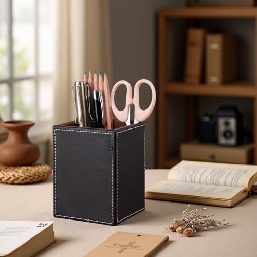 KINGFOM PU Leather Square Pens Pencils Holder Cup Desktop Stationery Organizer Case Office Accessories Container Box Brown