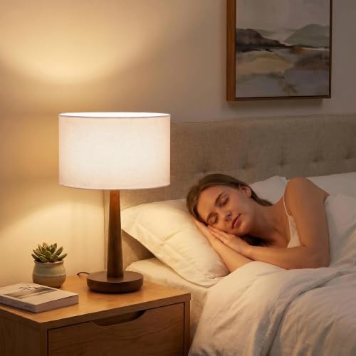 18.5" Modern Dimmable Walnut Wood Table Lamp with Linen Shade, White