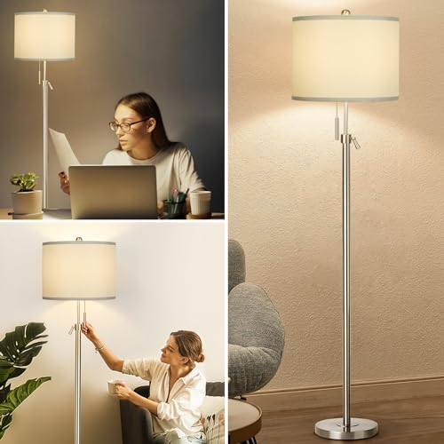 Qingmiao Brushed Nickel Floor Lamp for Living Room, Adjustable Height Standing Lamp, Tall Pole Light with Grey Shade for Bedroom, 8W 4000K 3-Way LED Bulb Included (Brushed Nickel, Grey Shade)